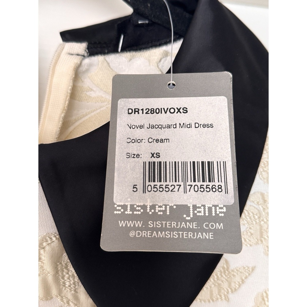 Sister Jane Jacquard Puff Sleeve Dress Black Satin Peter Pan Collar & Ribbon NWT - Picture 7 of 16